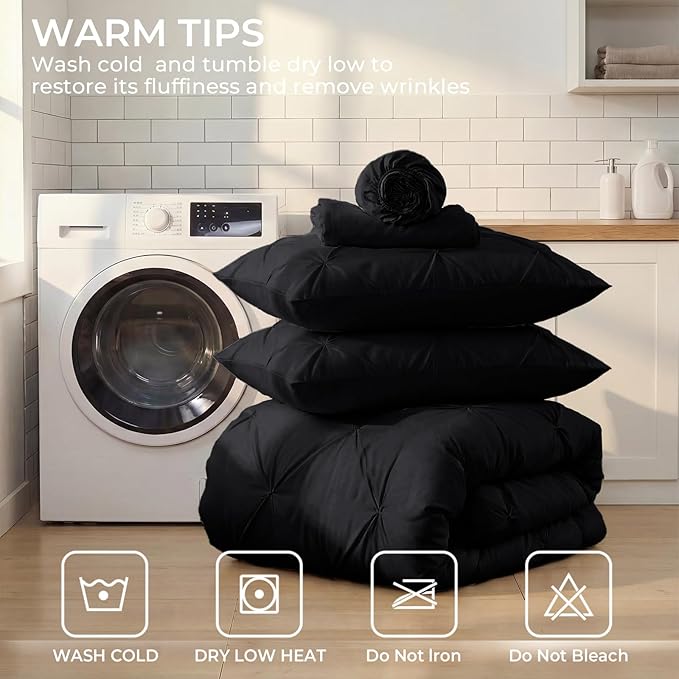 Sasttie Twin Comforter Set, 5-Piece Bed in a Bag, Pintuck Bedding Sets for All Season, Includes Comforter, Flat Sheet, Fitted Sheet, Pillowcase and Pillowsham, Black