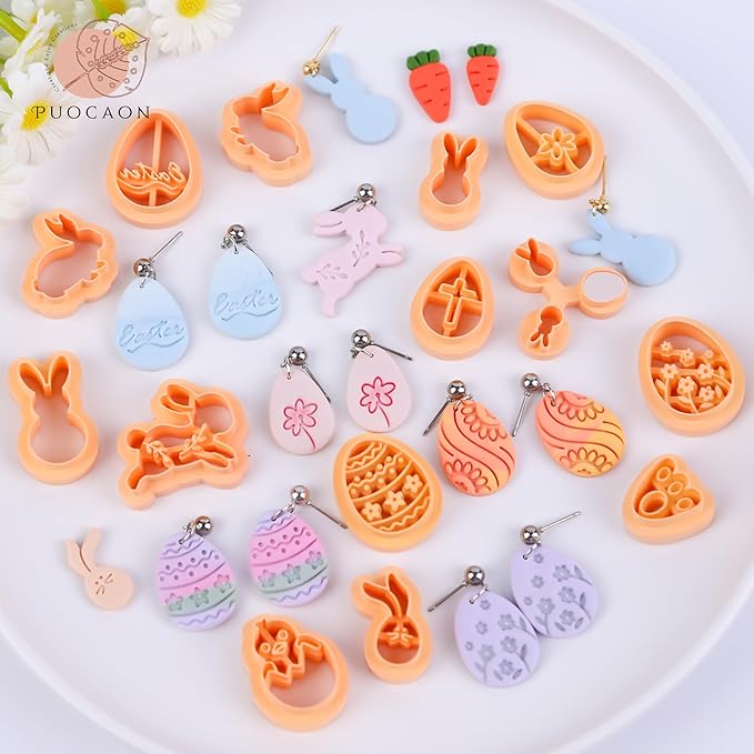 Puocaon Easter Polymer Clay Cutters - 27 Pcs Clay Cutters for Polymer Clay Earrings, Cute Bunny Rabbit Clay Cutters, Carrot Easter Eggs Clay Jewelry Cutters, Rabbit Feet Polymer Clay Cutters