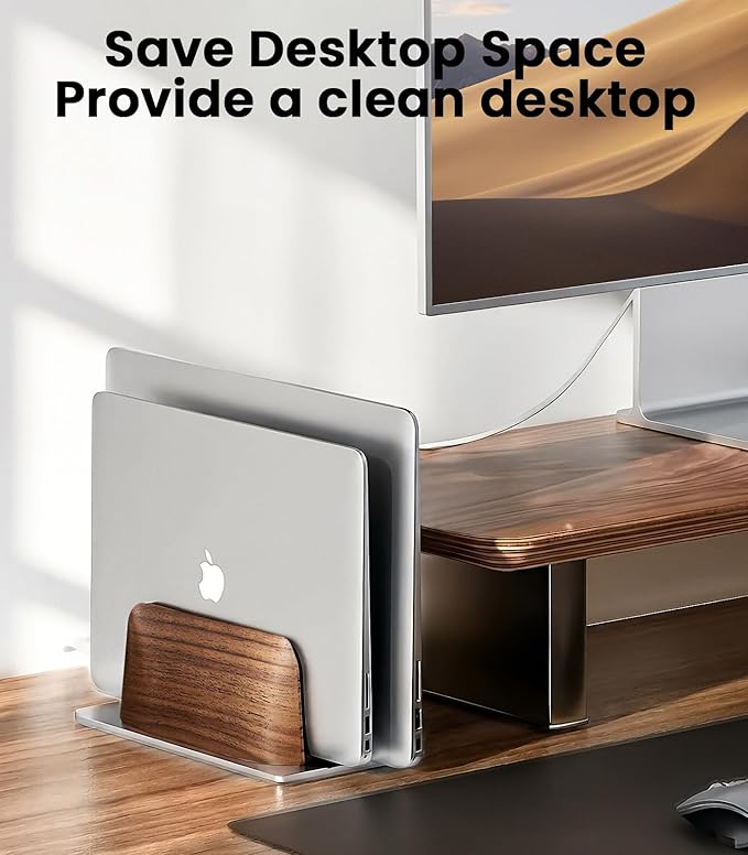 𝟮𝟬𝟮𝟲 𝗨𝗽𝗴𝗿𝗮𝗱𝗲𝗱 Vertical Laptop Stand, [Black Cedar Wood Dual-Slot], Desktop Aluminum Alloy MacBook Stand, Adjustable Base, for MacBook Pro/Air, (up to 17.3-inch gaming laptops), Silver