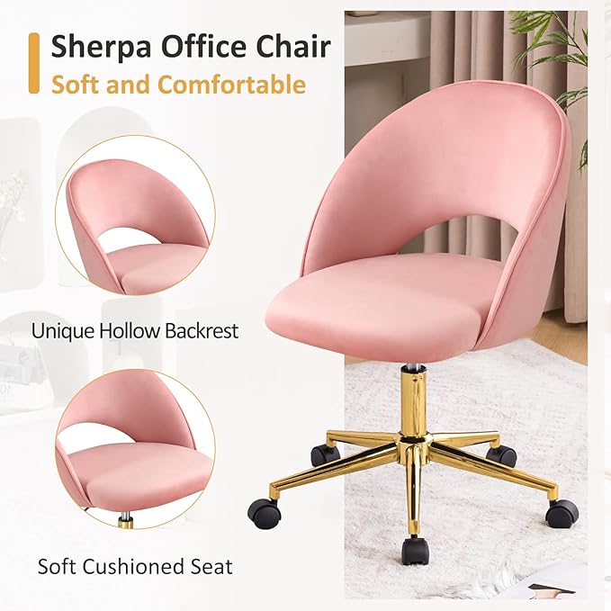 Furniliving Pink Vanity Chair, Cute Desk Chairs for Girls with Back, Rolling Upholstered Accent Chair for Living Room/Makeup Room/Bedroom, Pink