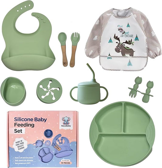 Silicone Baby Feeding Set, Eating Utensils with Suction Plate and Bowl, Baby Led Weaning Supplies, Toddler Self Feeding Dish Set, Waterproof Bib, Baby Feeding Essentials, Spoon 10pcs (Green)