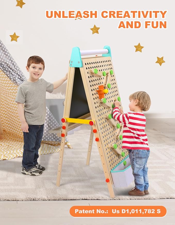 Kids Easel Wooden Marble Run for Kids, 4-in-1 Toddler Art Easel for Kids 3+ Painting Station Stand Drawing, Double-Sided 6 Heights Black Chalkboard Magnetic Whiteboard Paper Roll Holder