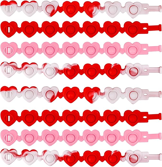 12pcs Valentine Heart-shaped Rubber Wristbands, Valentine's Day Pink Silicone Bracelets Red Sensory Wristband Pop Fidget Bracelet for Kids Students Party Favors Classroom Gift Exchange