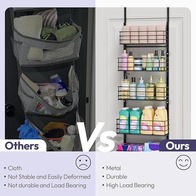 SWTYMIKI Over The Door Organizer - Door Organizer Hanging with 5 Adjustable Metal Large Capacity Basket and 6 Coat Hook, Wall Mounted Shelf for Bedroom Closet Bathroom Laundry Pantry Cabinet Kitchen