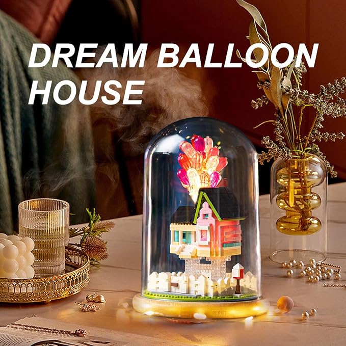 House Building Blocks Kit Toys Set, Miniature 1243 Pcs Micro Bricks Collectible Creative Teen Girl Gifts Age 14 and Up, Dust Cover, Wooden Base Up Balloon Castle Toys DIY Decoration Home
