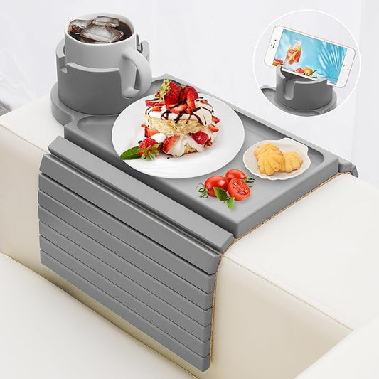 Couch Cup Holder - 3 in 1 Couch Arm Table Tray with 360° Rotating Cup Holder for Couch,Anti-Slip Arm Chair Rest Table for Large Wide Sofa Armrest, Foldable Side Table for Drinks Snacks