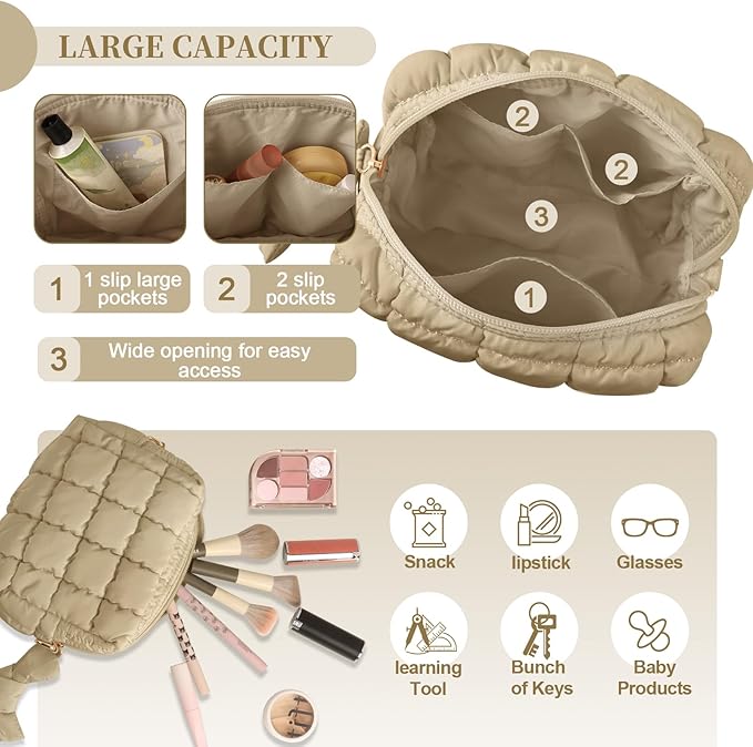 Puffer Quilted Makeup Bag Cosmetic Bags,Puffy Travel Toiletry Pouch for Women,Cute Checkered Zipper Bag Travel Essential,Portable Aesthetic Make up Organizer Bag for Gifts Work Daily(Khaki,S)