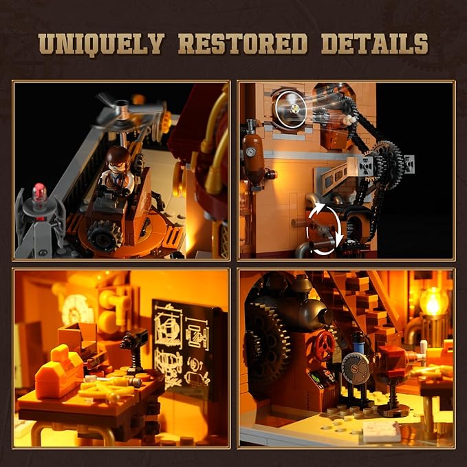 FUNWHOLE Steampunk Flying Club Lighting Building-Bricks Set - 1871 Pcs Modular Building Blocks Display Collectible Set for Adults