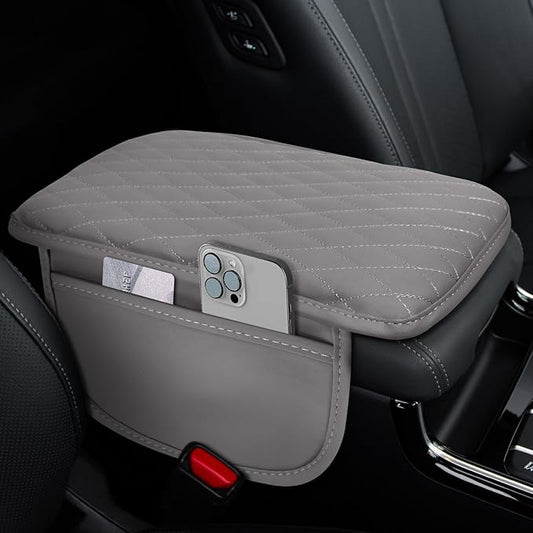ongfuwu Car Center Console Cover, 12"×7.87" Waterproof Leather Auto Armrest Cover Protector with 2 Pocket, Comfortable Arm Rest Box Cushion Pad, Universal Interior Car Accessories (Gray)