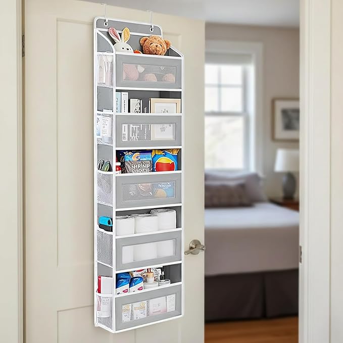 Over The Door Storage Organizer,Hanging Door Organizer with 5 Pockets Mesh Side Bag,Sturdy Hanging Shelves for Toys,Diaper,Nursery,Bedroom,Bathroom,15.7"×6.7"×57",Grey