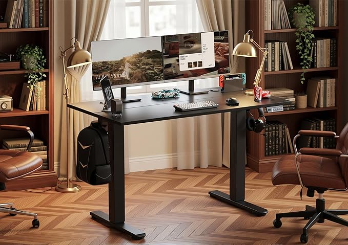 Seang Electric Height Adjustable Standing Desk, 55 x 24 Inch Sit-Stand Desk with T-Shaped Frame, 3 Memory Presets & Cable Management for Home Office Computer Workstation, Black Frame/Black Top