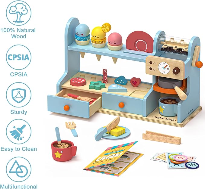 42PCS Wooden Kids Coffee Maker Toy Play Set 3 in 1 Ice Cream Dessert Maker Playset Toy,Pretend Play Food Kitchen Accessories,Montessori Shape Sorter Toy for Girl and Boy