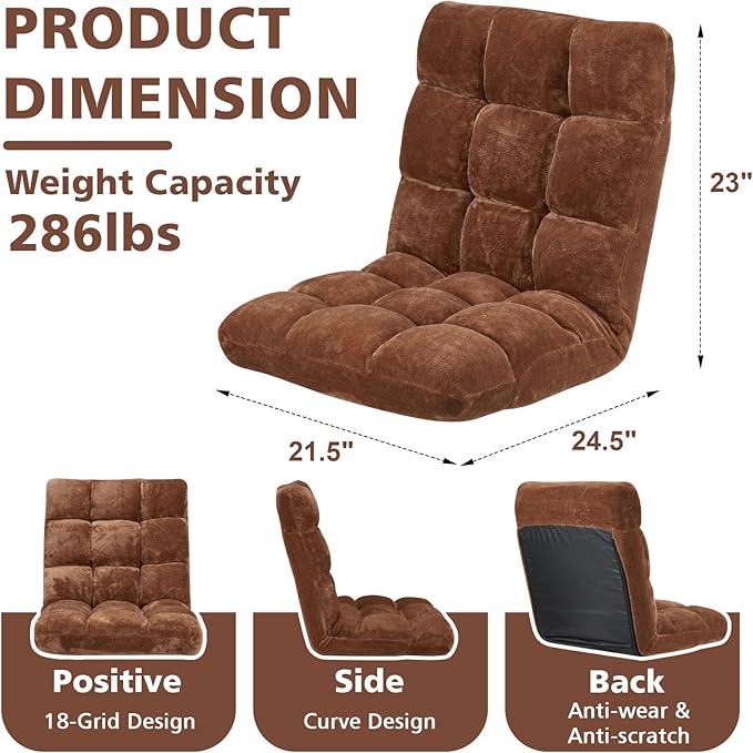 Folding Floor Chair 14-Position Cushioned Adjustable Floor Lazy Sofa Chair w/Breathable Cotton & Skin-Friendly Flannel for Adults & Kids Ideal for Reading Meditating, Brown