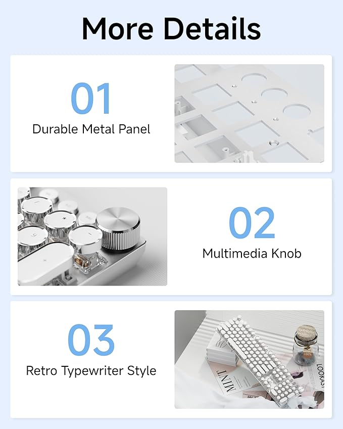 EWEADN Typewriter Style Mechanical Keyboard, Wired Typewriter Keyboards,104 Keys Backlit LED Metal Keyboards, Media Control Knob, Wired Computer Keyboard White Switch for Windows/Mac/PC-White