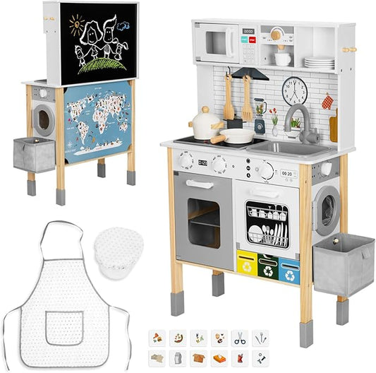 Kids Kitchen Playset with Garbage Classification, Wooden Pretend Play Kitchen with Sound and Light, Kitchen Set for Kids Equipped with Blackboard, Worldmap ect., Gift for Boys and Girls Aged 3+