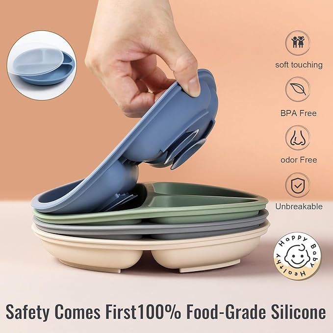 VITEVER Toddler Plates with Lids, 4 Pack Baby Plates with Suction, 100% Food-Grade Silicone, Suction Plates for Baby, Divided Design, Microwave & Dishwasher Safe