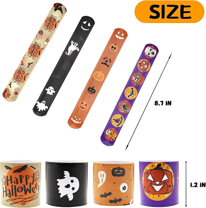 48 PCS Halloween Slap Bracelets for kids bulk, Halloween Snap Bracelets Toys Slap Bracelets Wristbands for Happy Halloween Party Favors