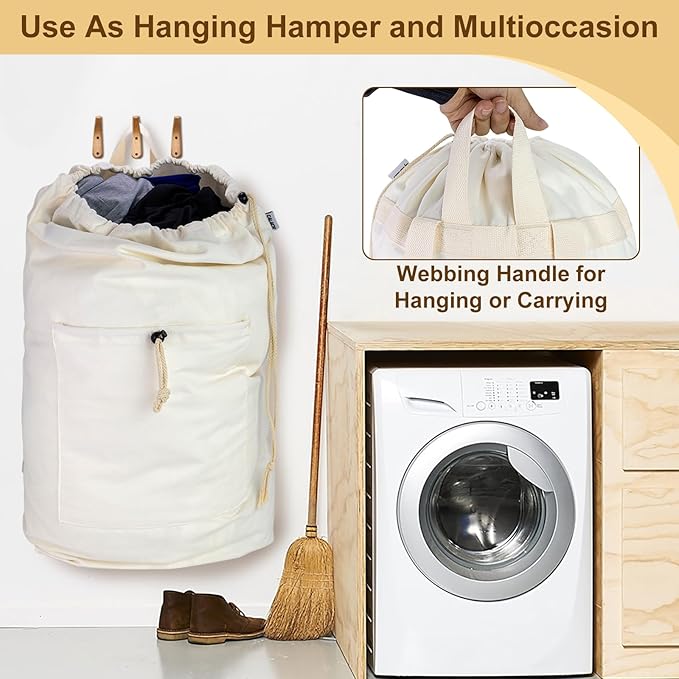 Laundry Bag Backpack, Canvas Laundry Bag with Straps & Drawstring Closure Washable Dirty Cloth Hamper Bag with Large Front Pocket for College, Travel, Laundromat, Camping (Beige, XX-Large)