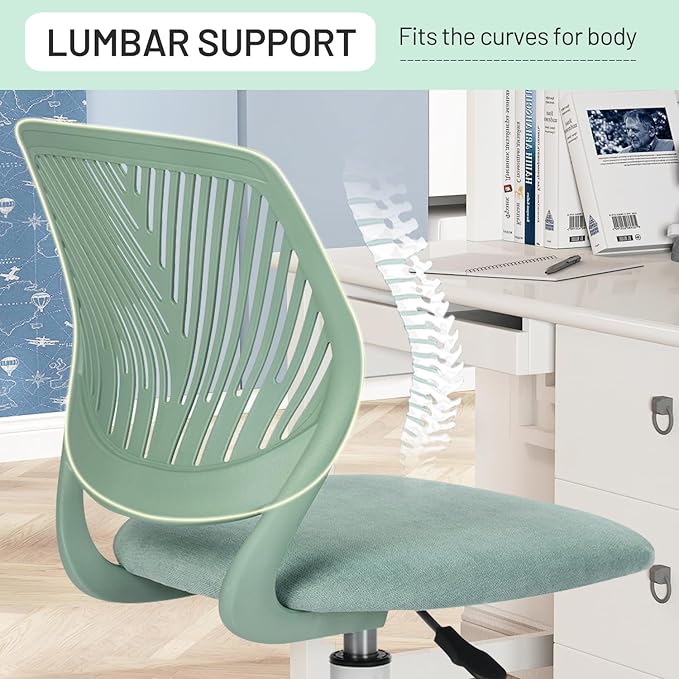 Desk Chair Armless, Kids Office Chair Compact Rolling Fabric Seating Cushion and Plastic Low-Back, Height Adjustable Small Study Computer Task Chair for Student Children Teens with Wheels, Aqua