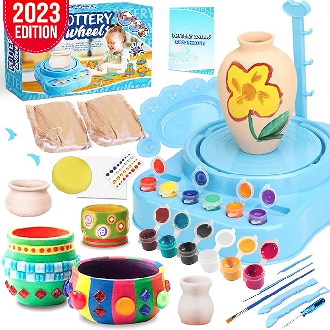Insnug Mini Kids Pottery Wheel: Complete Painting Kit for Beginners with Modeling Clay and Sculpting Tools, Arts & Crafts Small Banding Wheel for Pottery, Tiny Pottery Wheel for Kids Age 8-12, 10-13