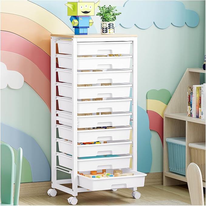 Rolling Cart with Drawers,10 Drawer Rolling Cart,Rolling storage cart with drawers,White Rolling Drawer Cart,Teacher Rolling Cart for Classroom Storage,Craft Cart with Wooden Tabletop