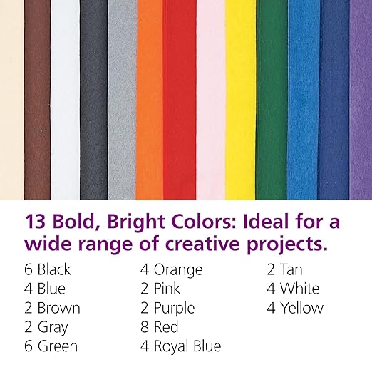 Colorations 100% Polyester Felt Sheets 9 inches x 12 inches, 13 colors, 1mm Thick, 50 Sheet Pack for Sewing and DIY Arts & Crafts Projects, Blue,Gray,Green,Orange,Purple,White