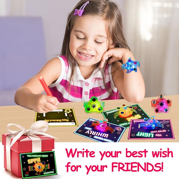24PCS LED Light Up Fidget Spinner Bracelets Valentine Day Cards for Kids School Classroom Funny Valentines Exchange Gifts for Toddler Boy Girl Valentine’s Party Favors Bulk Treat Bag Stuffers