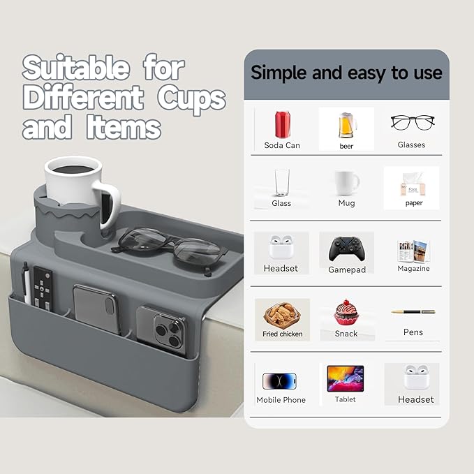 Silicone Couch Cup Holder, Anti-Spill Couch Arm Tray with Side Pockets, Sofa Armrest Tray, Couch Caddy for Drinks, Coffee, Snacks, Cellphone, Remote, Headphones, Glasses(Gray)