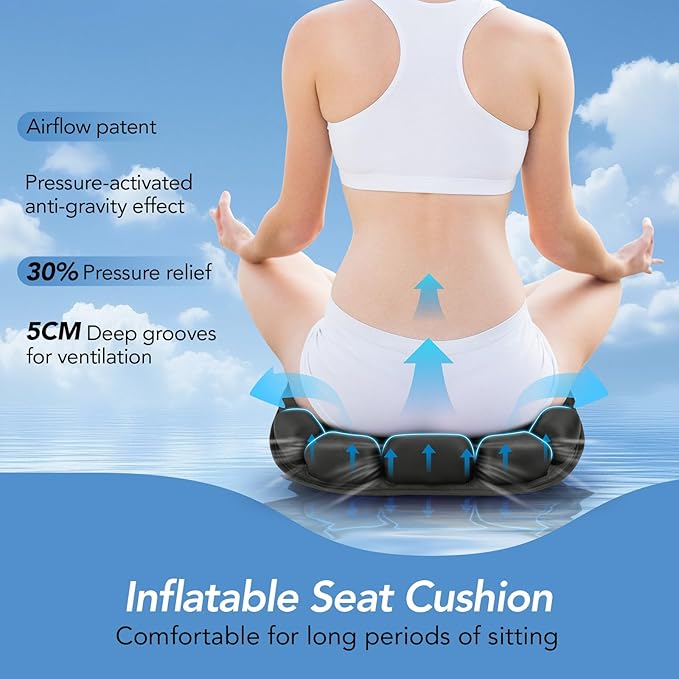 Travel Seat Cushion, 3D Air Inflatable Pressure Relief Cushion for Hemorrhoid and Tailbone Pain Relief, Optimal Support for Long Sitting in Car, Air Travel, Office Chairs, Home Living