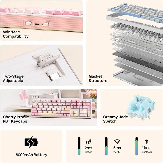 EPOMAKER TH108 Full Size Mechanical Keyboard, Wireless Gaming Keyboard with 8000mAh Battery, Creamy Gasket, 108 Keys, Hot Swap, Custom Driver, RGB Backlight (Pink, Creamy Jade)