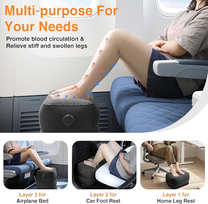 Maliton Inflatable Foot Rest Pillow for Travel,Kids Airplane Bed,Adjustable 3 Layers Height Leg Pillow of Air Travel Essentials,Car, Office, Home - Fast Inflation (Black)