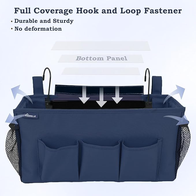Surblue Bedside Organizer with Hook Bedside Caddy Hanging Storage Bag with Adjustable Straps and Water Bottle Holder for Home College Dorm Bunk Bed Accessories, Crib Bed Rails, Hospital Bed,Navy,2PCS