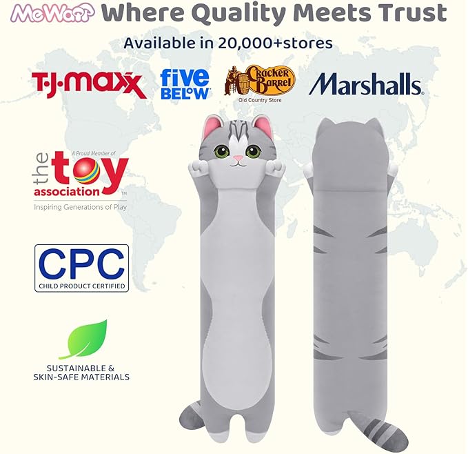 Mewaii Artist-Designed Ultra Soft Long Cat Plush Body Pillow, Extra Stuffing for Comfort, Premium Quality Stuffed Animal Gift for Girlfriend or Cat Lovers (Grey Body Pillow 44 Inch)