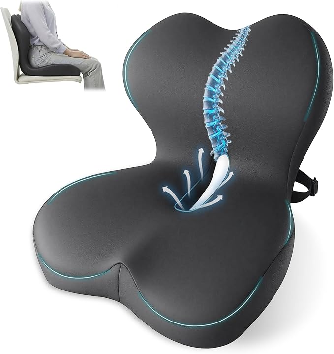 Memory Foam Seat Cushion,Office Chair Cushion with Lumbar Support for Back Pressure Relief,Sciatica,Car Seat Cushion with Adjustable Strap,Hip Pad Cushions for Car,Truck,Desk,(D-Dark Grey)