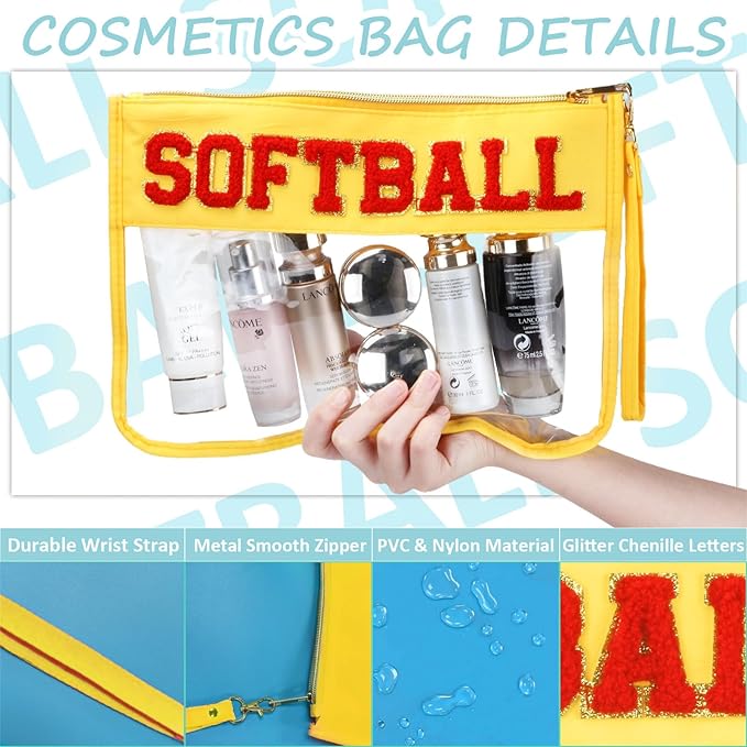 BuyCard 2 Pcs Softball Gifts Makeup Bag with Chenille Letter Patch, Clear Cosmetic Pouch PVC Organizer Purse, Waterproof Travel Bag, Portable Toiletry Storage Bag for Her Girls Friends Women
