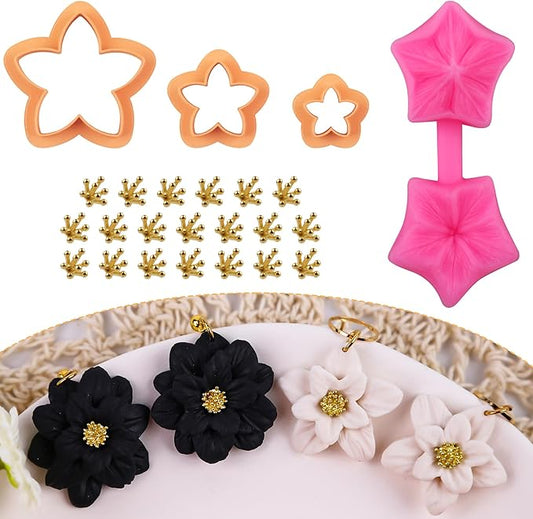 Puocaon Flower Polymer Clay Cutters - 3 Pcs Flower Clay Cutters for Polymer Clay Jewelry, 2 Pcs Plumeria Flower Texture Molds, 20 Flower Pistil Brass Charms, Clay Earring Cutters for Jewelry Making