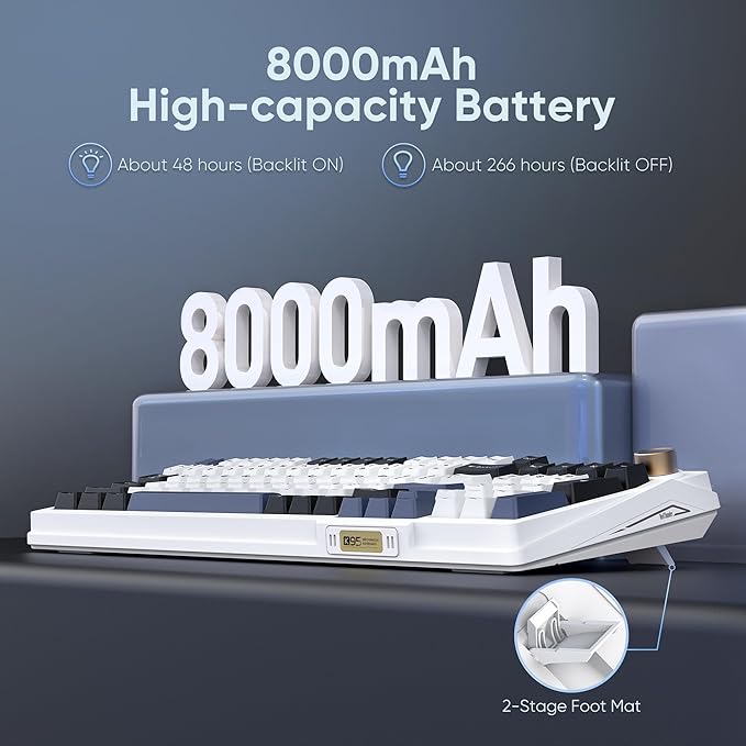 RedThunder K95 Wireless Mechanical Keyboard, TFT Screen & Knob, Tri-Mode BT5.0/2.4GHz/USB-C Hot Swappable Custom, Pre-lubed Linear Switches, Gasket Structure, RGB Gaming Keyboard, Snowy White-Blue