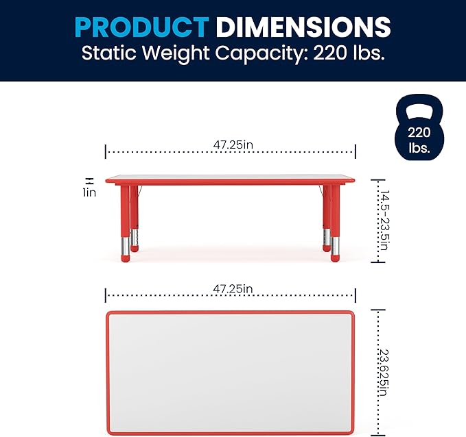 Flash Furniture Wren 23.625''W x 47.25''L Rectangular Red Plastic Height Adjustable Activity Table with Grey Top