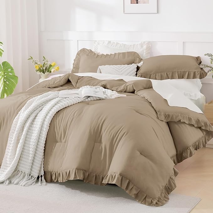 Andency Taupe King Comforter Set(104x90Inch), 3 Pieces(1 Ruffle Comforter and 2 Pillowcases) Lightweight and Fluffy Bedding Comforter Set, All Season Soft Microfiber Shabby Chic Bedding Set