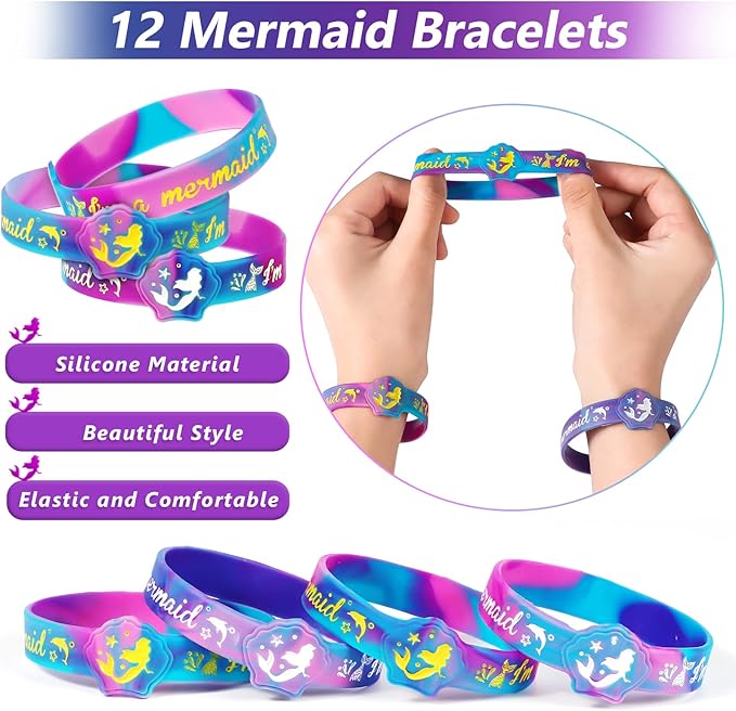 Golray Mermaid Party Favors Birthday Supplies Girls, Necklace Silicone Bracelet Gift Bag Sticker Keychain Ring Hairpin, Pinata Filler Goody Bag Stuffer Classroom Prize Kids Little Mermaid Party Decor