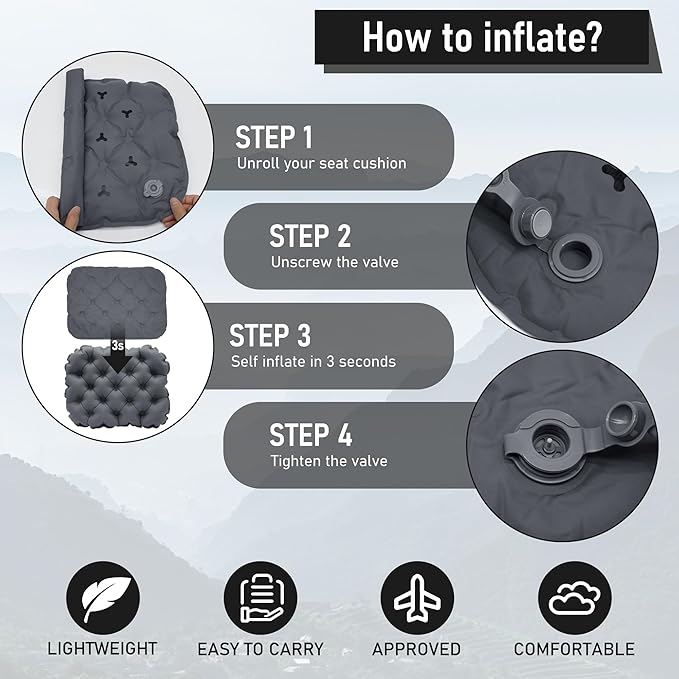 BreezCamp Inflatable Seat Cushion, Lightweight Stadium Seat Pad, Camping Accessories Chair Pad for Airplane Travel, Hiking, Climbing, Home and Office,Black