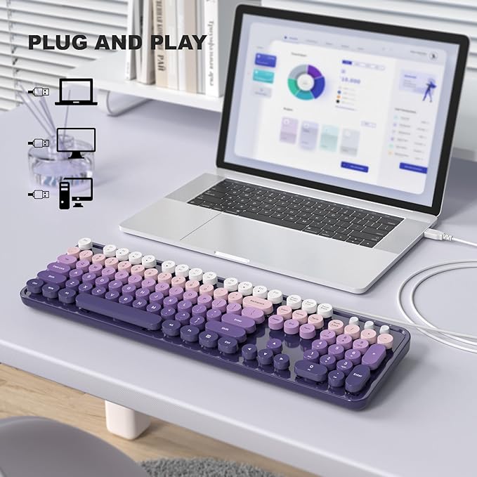 Wired Keyboard, Full-Sized Typewriter Keyboards, USB Plug and Play Office Keyboard with Number Pad, Caps Indicators, Foldable Stands for Windows, PC, Laptop, Desktop (Purple)