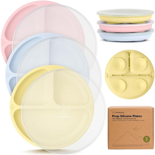 KeaBabies Suction Plates with Lids for Baby - 3-Pack 100% Silicone Suction Plates for Baby, Kids,Toddler Plates,Divided Baby Plates with Suction,Lids, BPA-Free, Microwave, Dishwasher Safe (Popsicle)