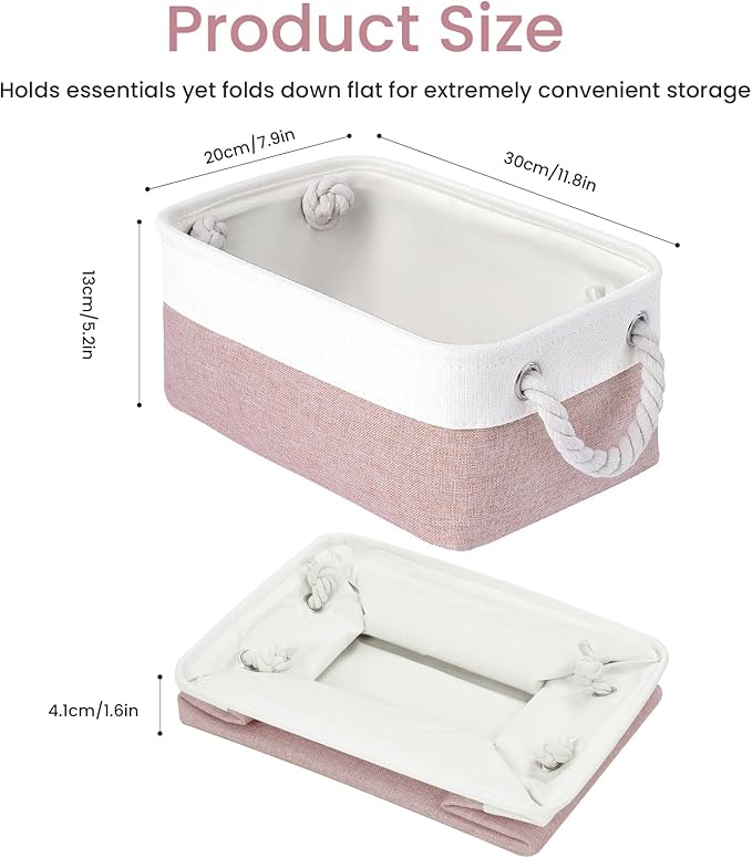 VQRTEXA Storage Baskets for Shelves 11.8x7.9x5.2 Inch, Foldable Fabric Storage Bins with Handles, Small Storage Baskets for Organizing Closet, Bathroom, Office, Home Organization (1-Pack, White&Pink)