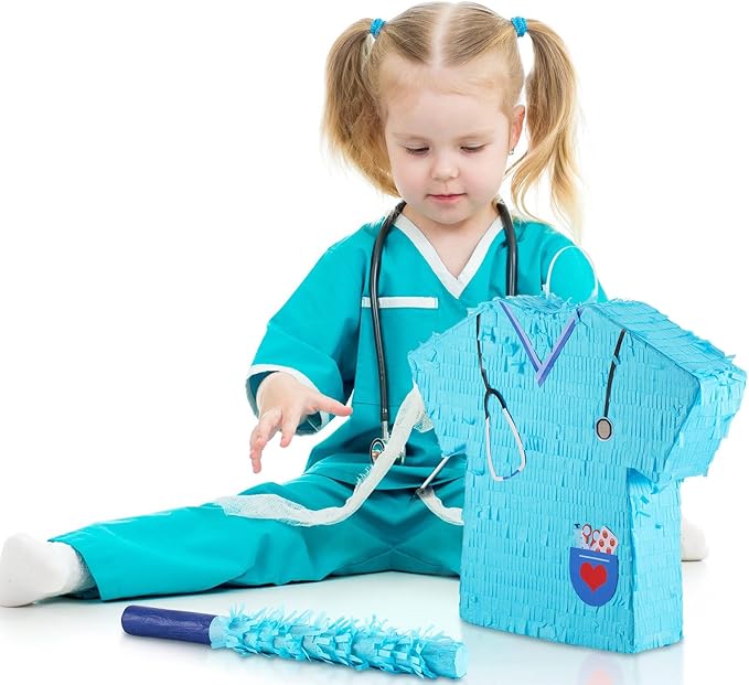 Lewtemi 14.1 Inch Nurse Piñata Bundle with Blindfold, Bat and Confetti, Blue Nurse Party Piñata, Nurse Party Favor, Piñatas for Graduation Gift Rn Themed Birthday Party Nursing School Party Supply