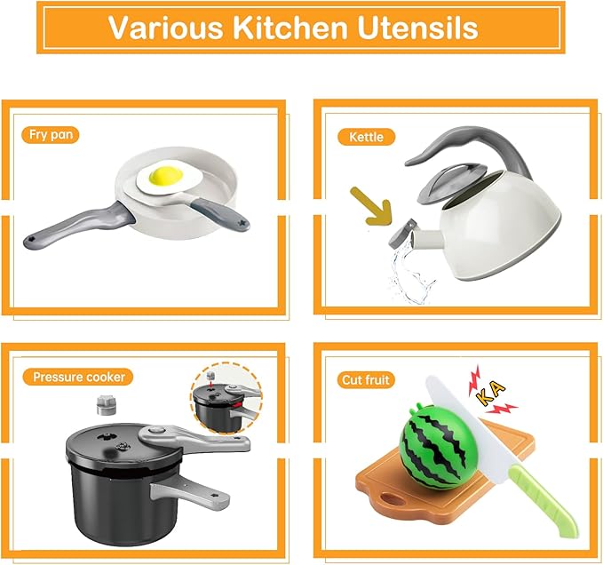 130Pcs Kitchen Playset, Toddler Pretend Cooking Play Pots, Pans, Utensils Cookware, Daily Food Fruit Veges, Shopping Storage Basket, Dessert, Prop Money, Learning Gift for Child （White）