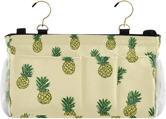 Light Yellow Pineapple01 Bedside Caddy for Dorm Bed Bedside Hanging Caddy Bag Iron Frame Storage Organizer Pocket for Bunk Home College Hospital Beds 2 Hooks