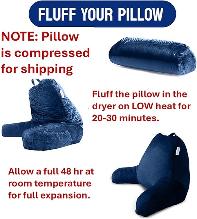 ComfortSpa Reading Pillow for Kids Teens Adult, Back Rest Pillow with Arms, Pockets, Washable Cover; Use as Back Pillow for Bed Sitting Up for Bedrest, Relief from GERD Heartburn (Standard Blue)