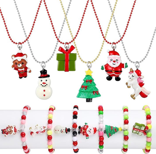 Bonuci 12 Pcs little Girls Jewelry Kids Necklaces and Bracelets Set Kids Jewelry for Girls Christmas Gift Cute Charm Toddler Bracelets for Pretend Play Dress Up Party Favors