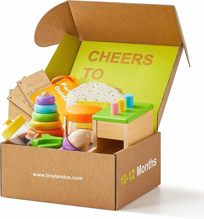 Tiny Land Montessori Toy Set for Babies 1 Year Old Thinker Play Kit- 5-in-1 Wooden Learning Toys with Peg Drop Box, Rocking Stacker, Egg Cup, Canister Set, and Crinkle Bag